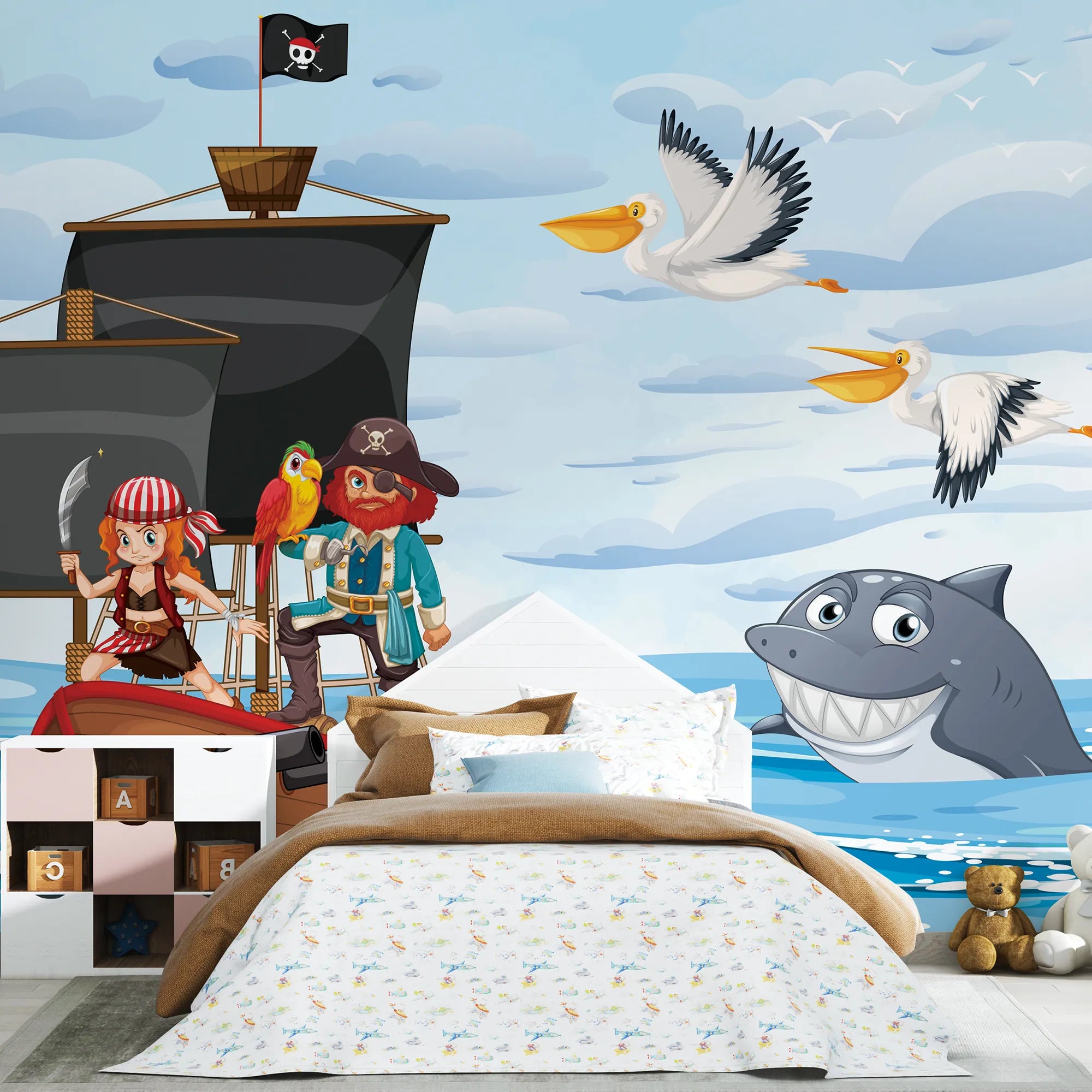 6073 / Fun Dolphin Pirate Theme Removable Wallpaper for Toddler Bedroom and Playroom Decor