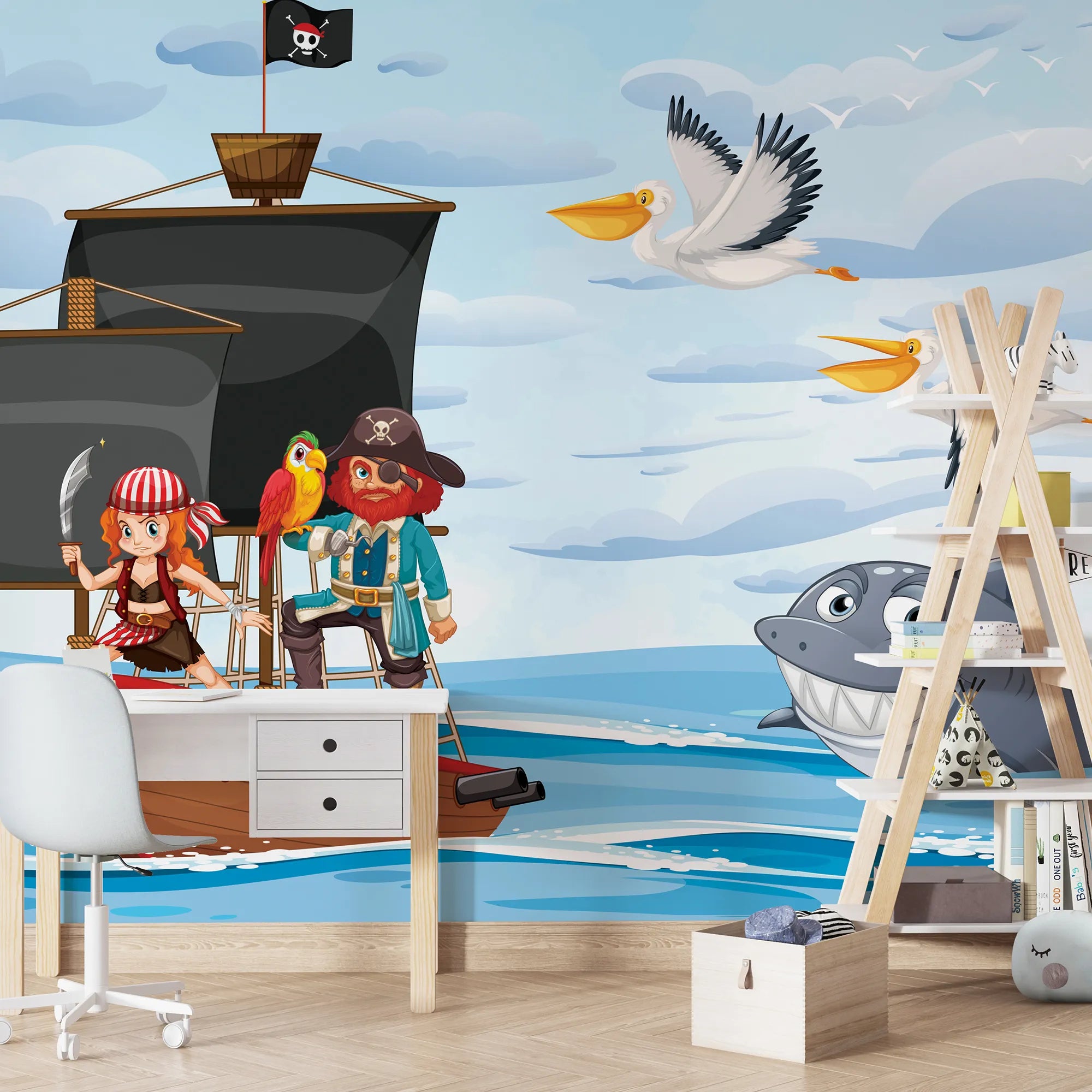 6073 / Fun Dolphin Pirate Theme Removable Wallpaper for Toddler Bedroom and Playroom Decor