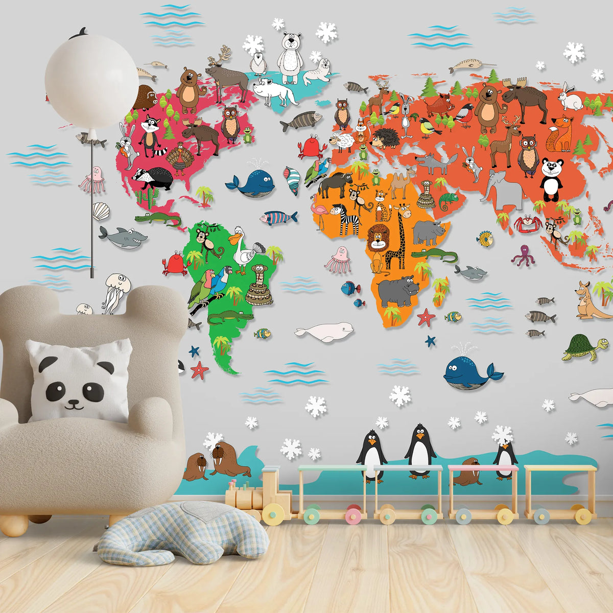 6074 / Nursery Room Peel and Stick Wallpaper - World Map Funny Decor for Kids Bedroom, Removable and Self Adhesive