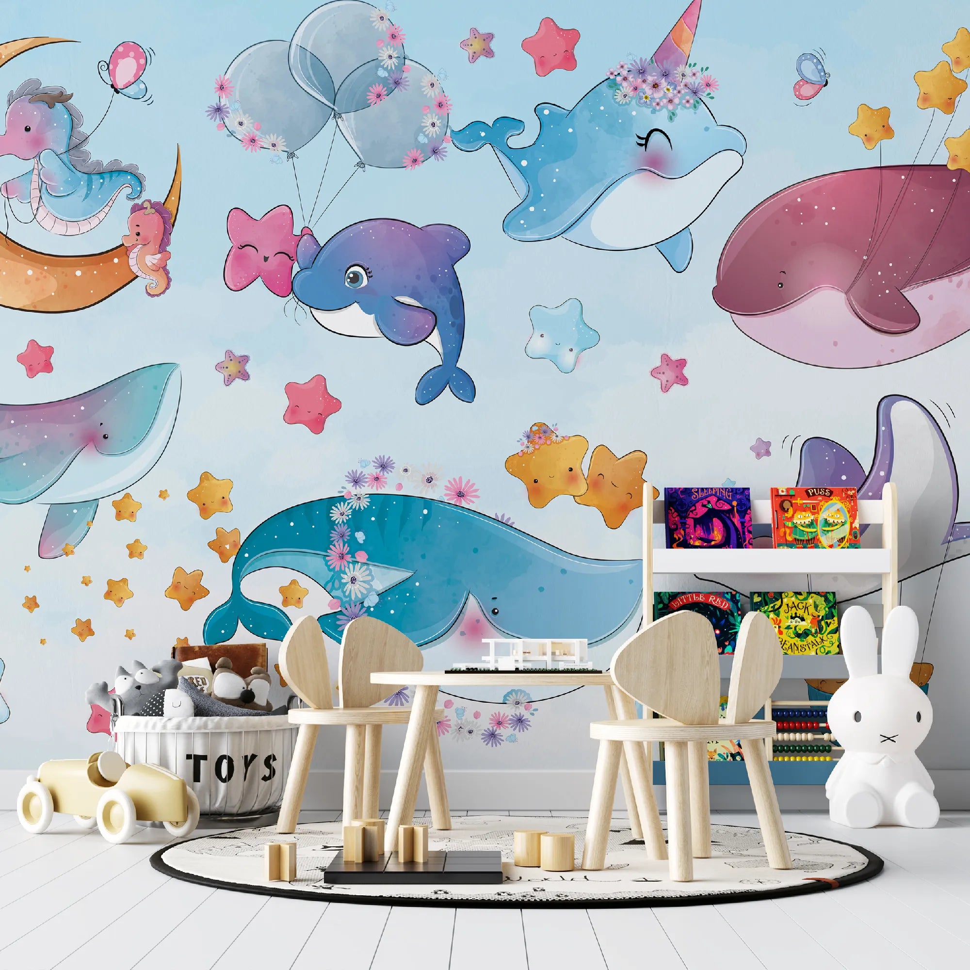 6075 / Removable Kids Wallpaper with Sea Animals - DIY Nursery Decor, Perfect for Playroom Wall Decal