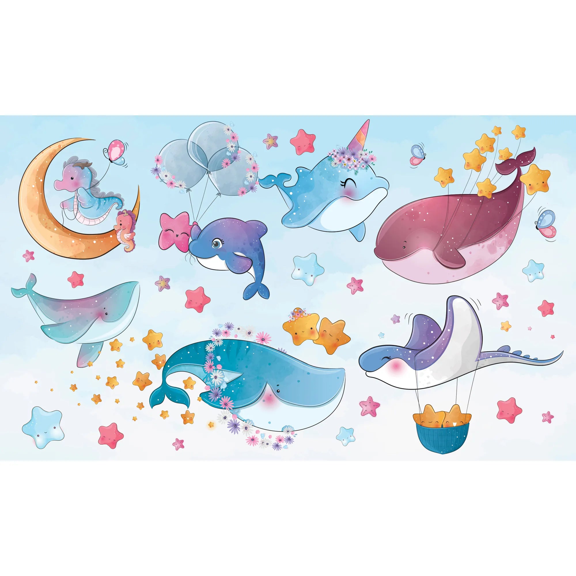 6075 / Removable Kids Wallpaper with Sea Animals - DIY Nursery Decor, Perfect for Playroom Wall Decal