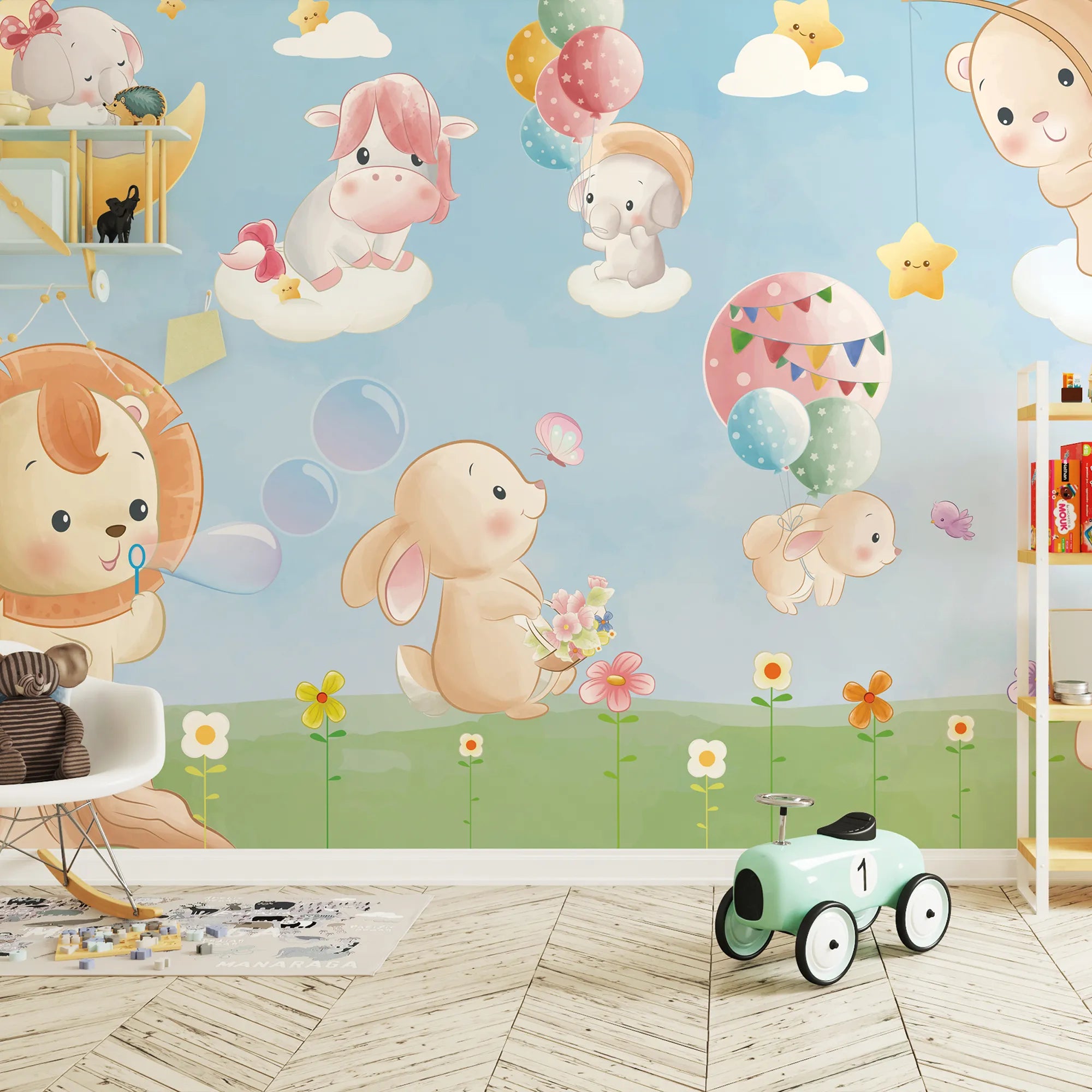 6076 / Peel and Stick Nursery Wallpaper - Charming Baby Animals Theme for Kids Bedroom Decor