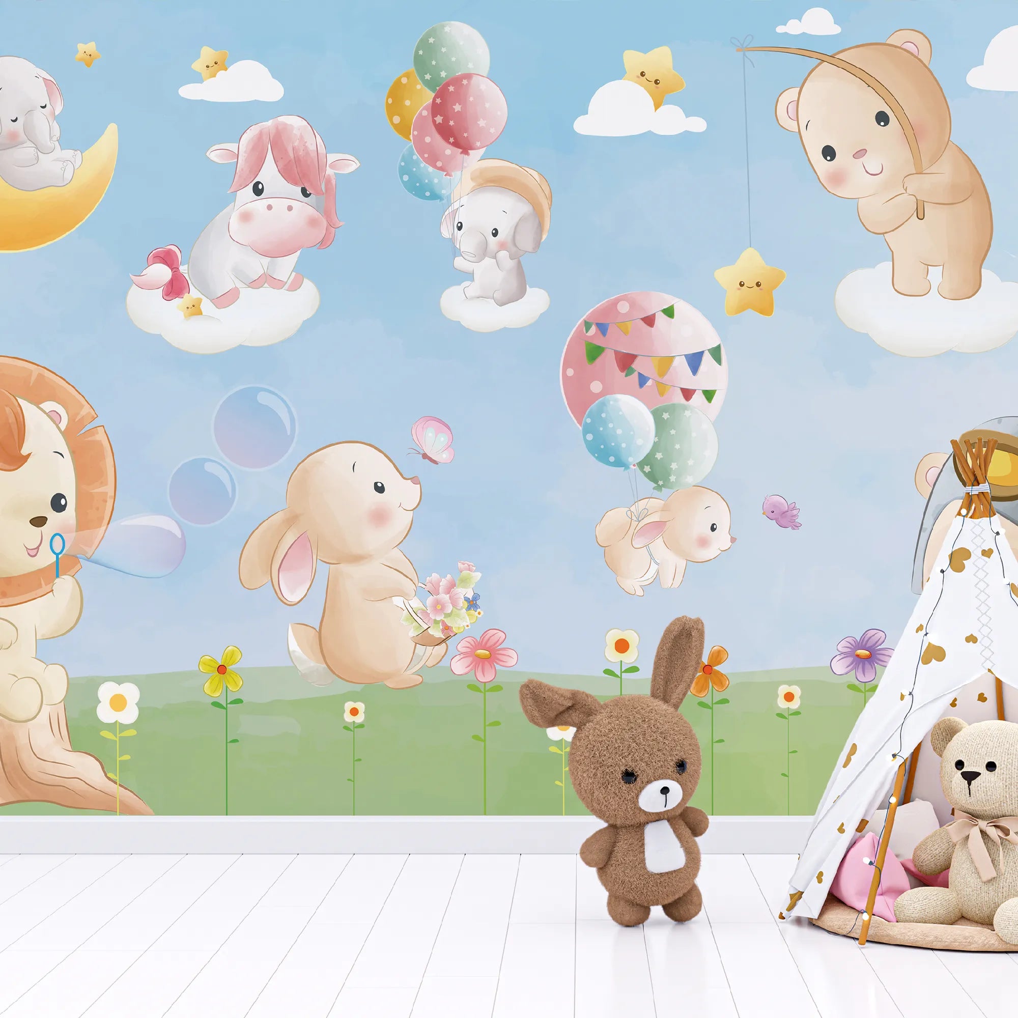 6076 / Peel and Stick Nursery Wallpaper - Charming Baby Animals Theme for Kids Bedroom Decor