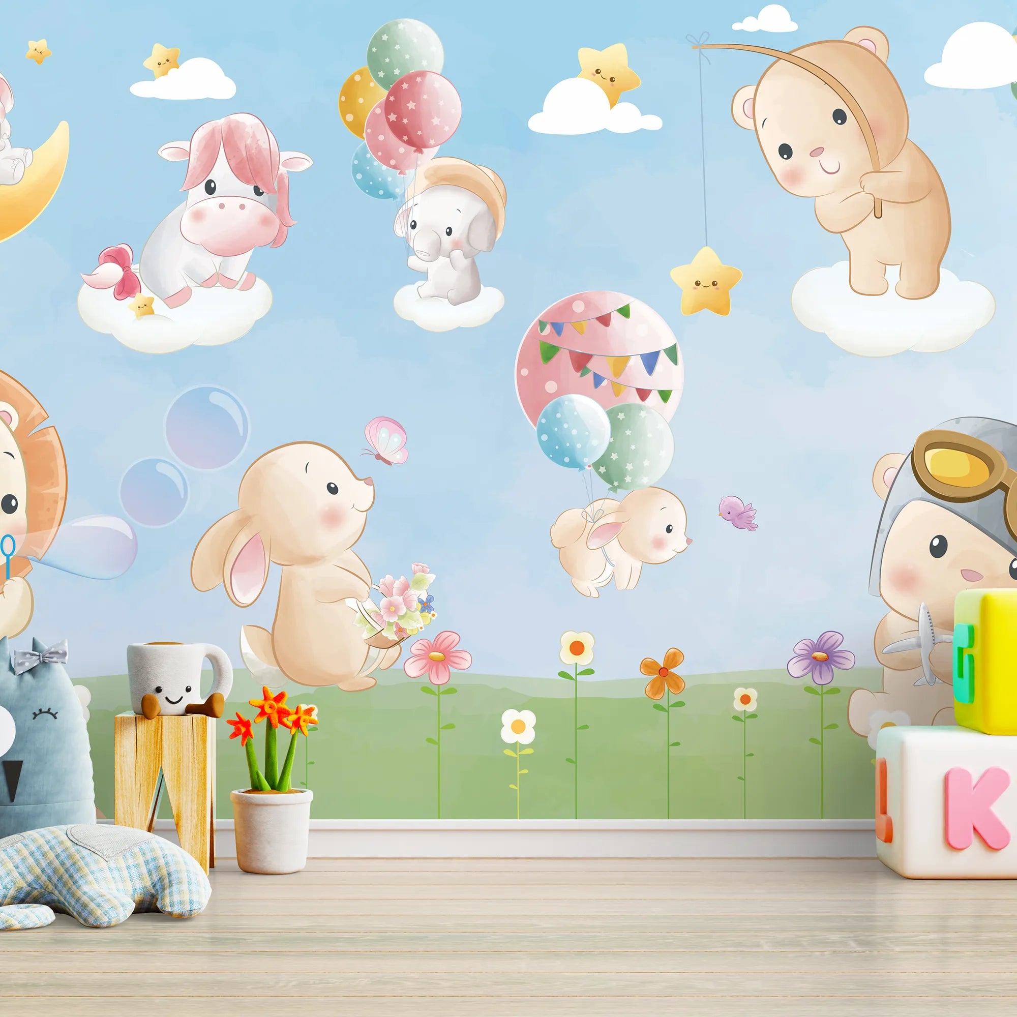 6076 / Peel and Stick Nursery Wallpaper - Charming Baby Animals Theme for Kids Bedroom Decor