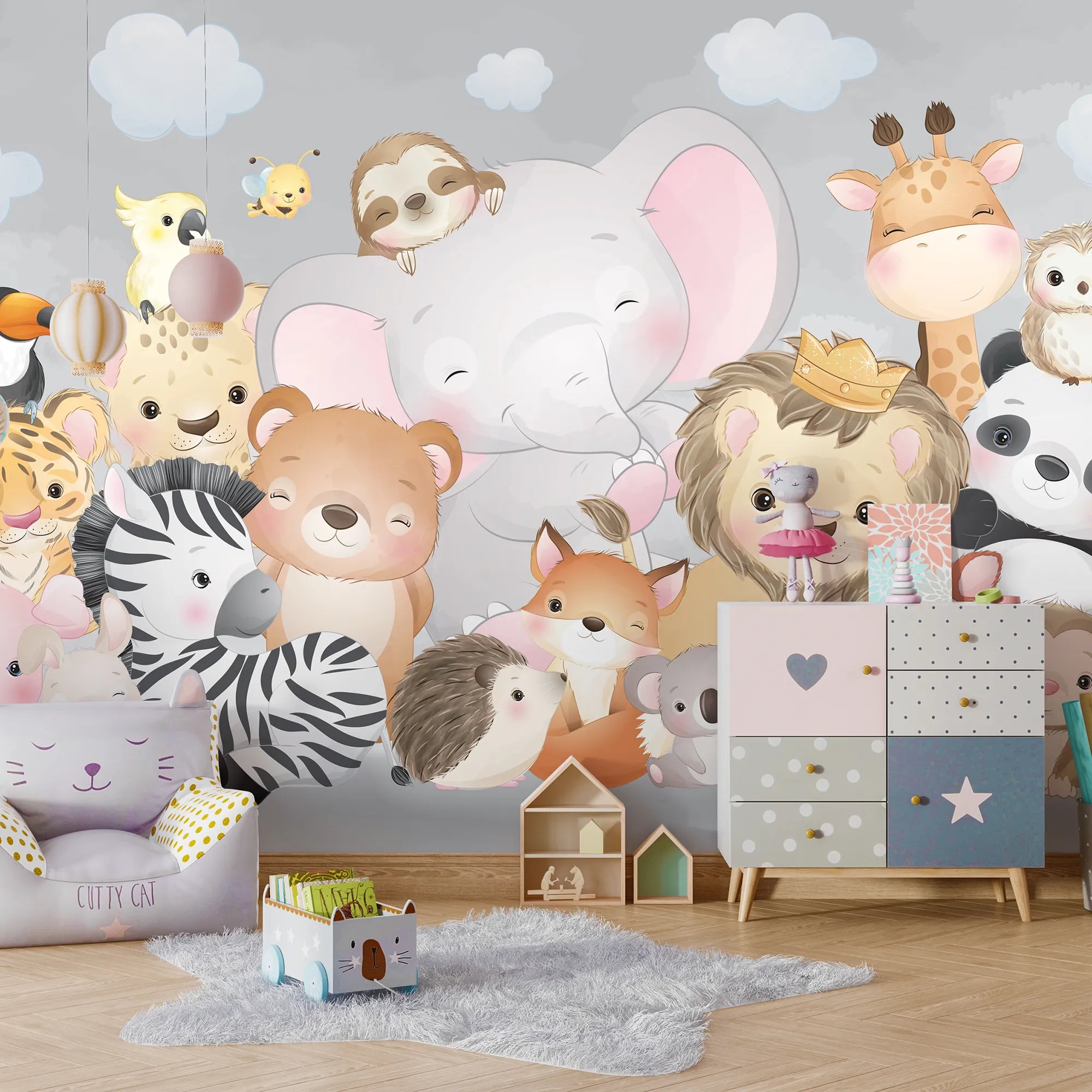 6078 / Nursery Wall Art: Kids Room Peel and Stick Animal Wallpaper, Easy to Apply Mural