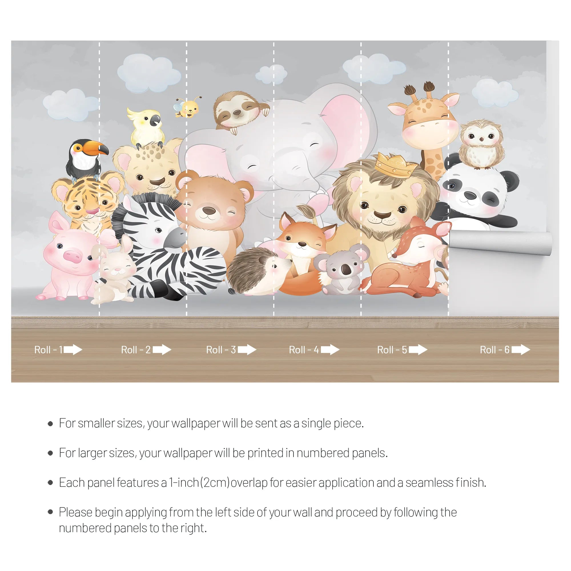 6078 / Nursery Wall Art: Kids Room Peel and Stick Animal Wallpaper, Easy to Apply Mural