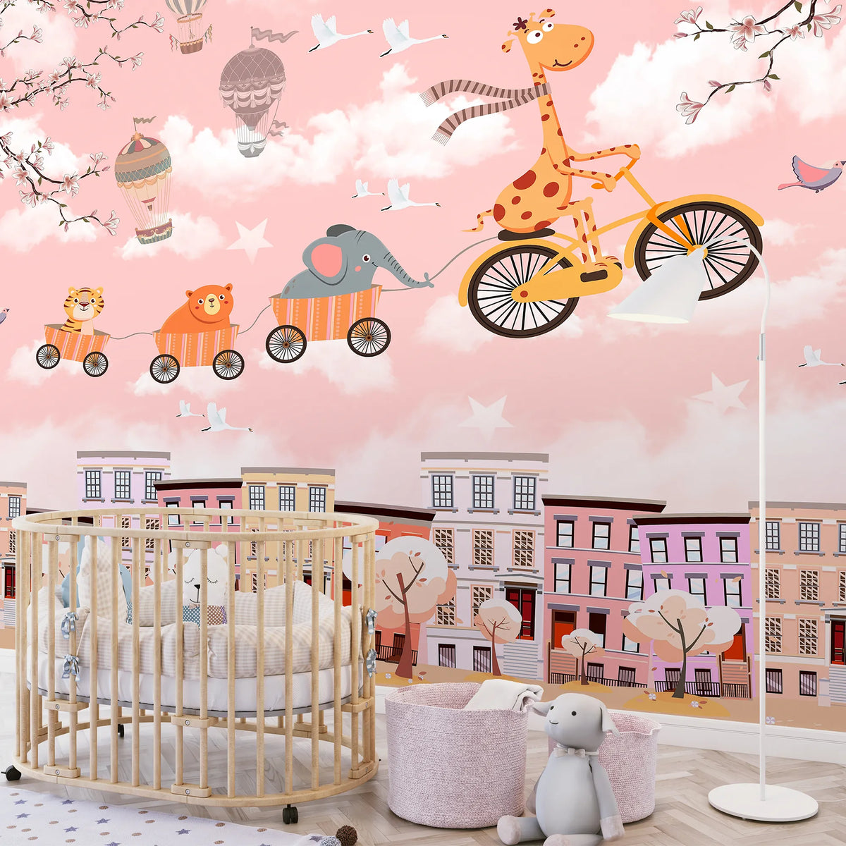 6081 / Peel and Stick Wallpaper for Nursery Decor: Baby Giraffe with Bicycle, Pink Background