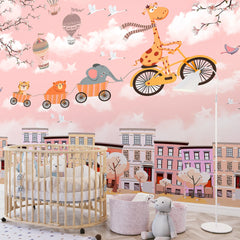 6081 / Peel and Stick Wallpaper for Nursery Decor: Baby Giraffe with Bicycle, Pink Background