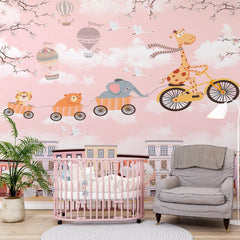 6081 / Peel and Stick Wallpaper for Nursery Decor: Baby Giraffe with Bicycle, Pink Background