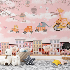 6081 / Peel and Stick Wallpaper for Nursery Decor: Baby Giraffe with Bicycle, Pink Background