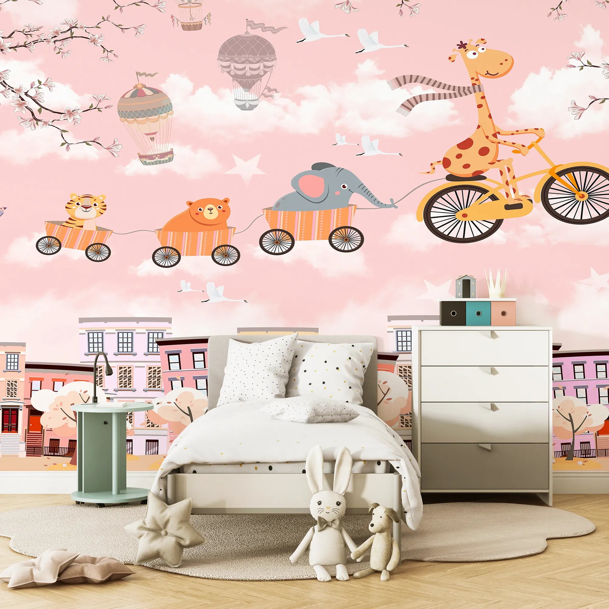 6081 / Peel and Stick Wallpaper for Nursery Decor: Baby Giraffe with Bicycle, Pink Background