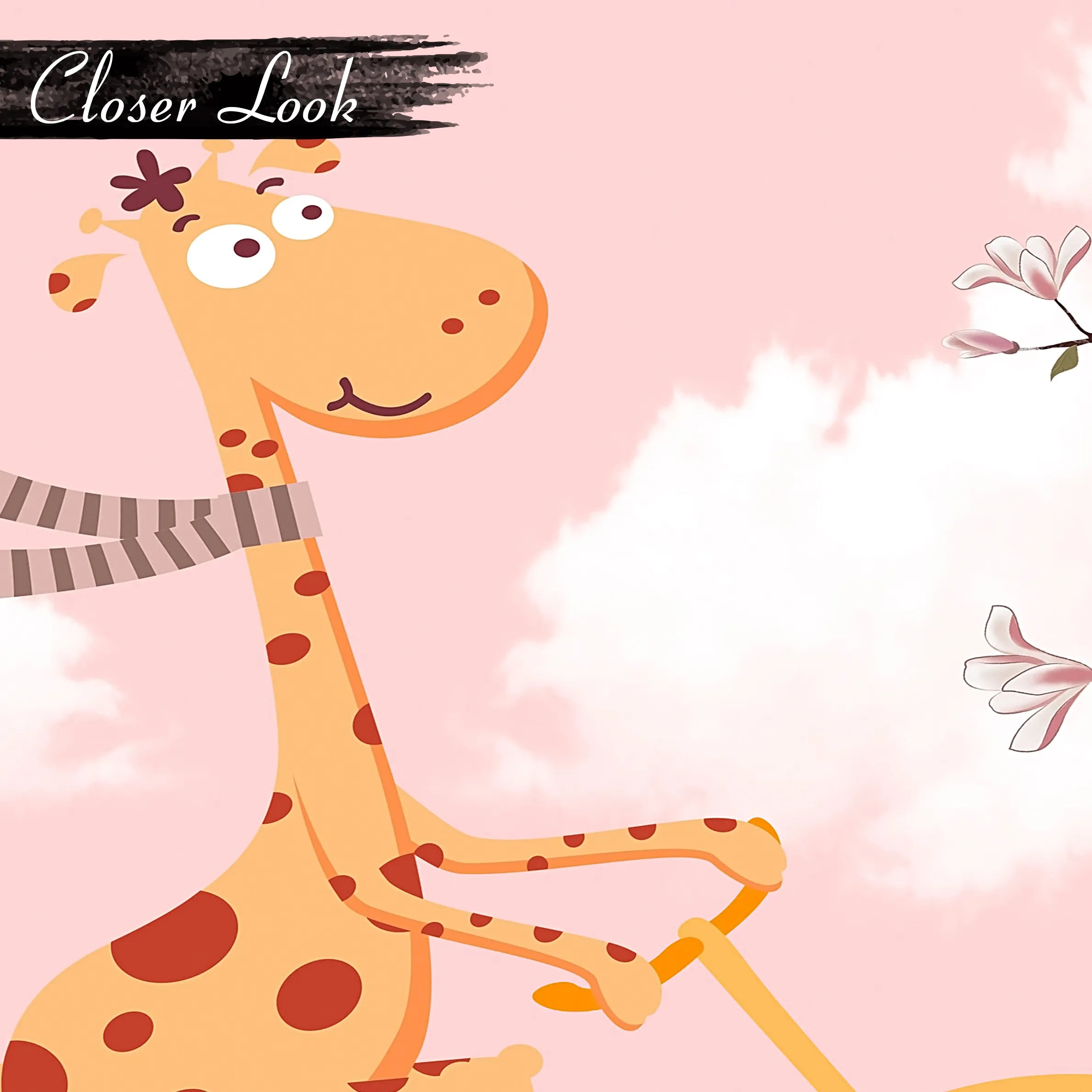 6081 / Peel and Stick Wallpaper for Nursery Decor: Baby Giraffe with Bicycle, Pink Background