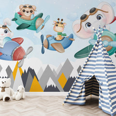 6082 / Wall Decoration for Children: Peel & Stick Wallpaper with Cute Animals Flying in Planes