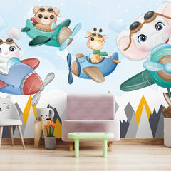 6082 / Wall Decoration for Children: Peel & Stick Wallpaper with Cute Animals Flying in Planes