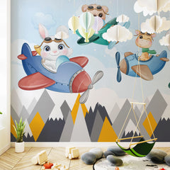 6082 / Wall Decoration for Children: Peel & Stick Wallpaper with Cute Animals Flying in Planes