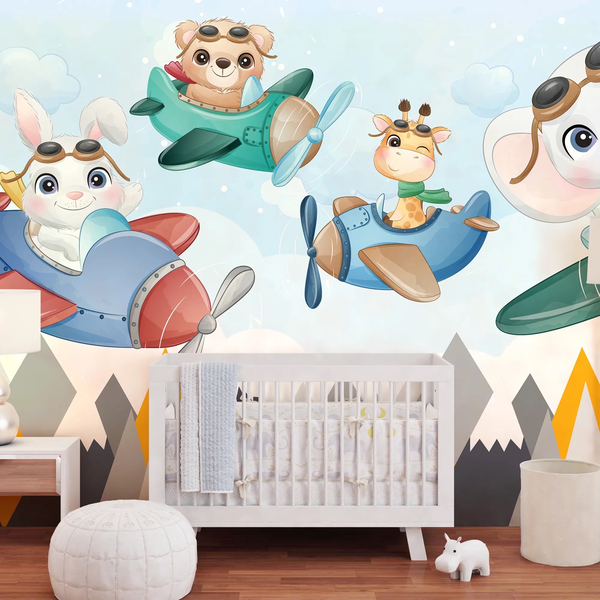 6082 / Wall Decoration for Children: Peel & Stick Wallpaper with Cute Animals Flying in Planes