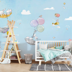 6083 / Un Kid's Room Peel & Stick Wallpaper: Sky and Balloon Flying Animals Theme