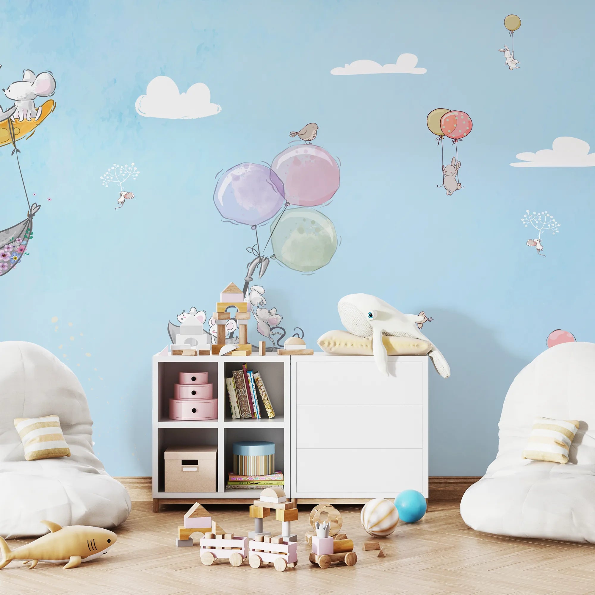 6083 / Un Kid's Room Peel & Stick Wallpaper: Sky and Balloon Flying Animals Theme