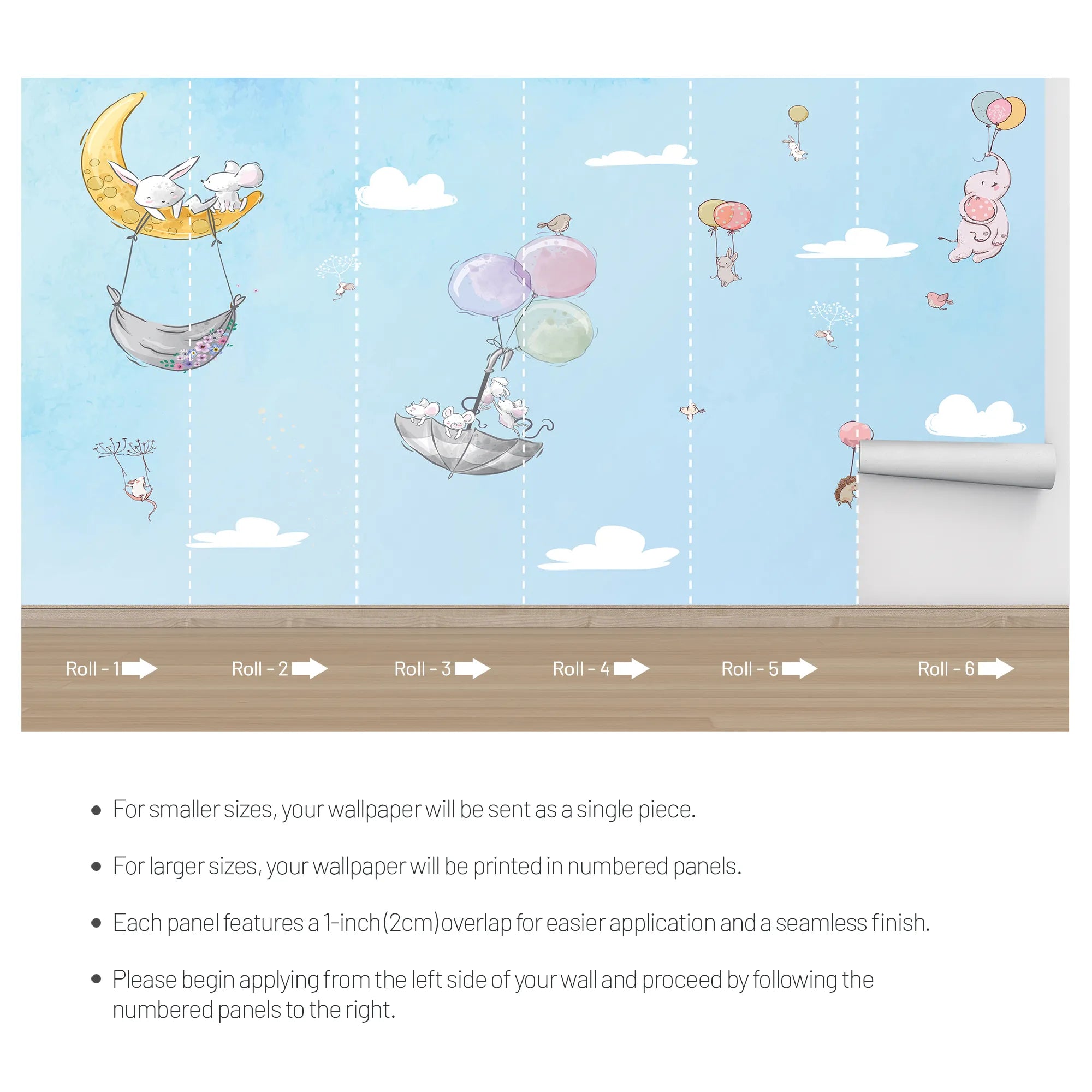 6083 / Un Kid's Room Peel & Stick Wallpaper: Sky and Balloon Flying Animals Theme