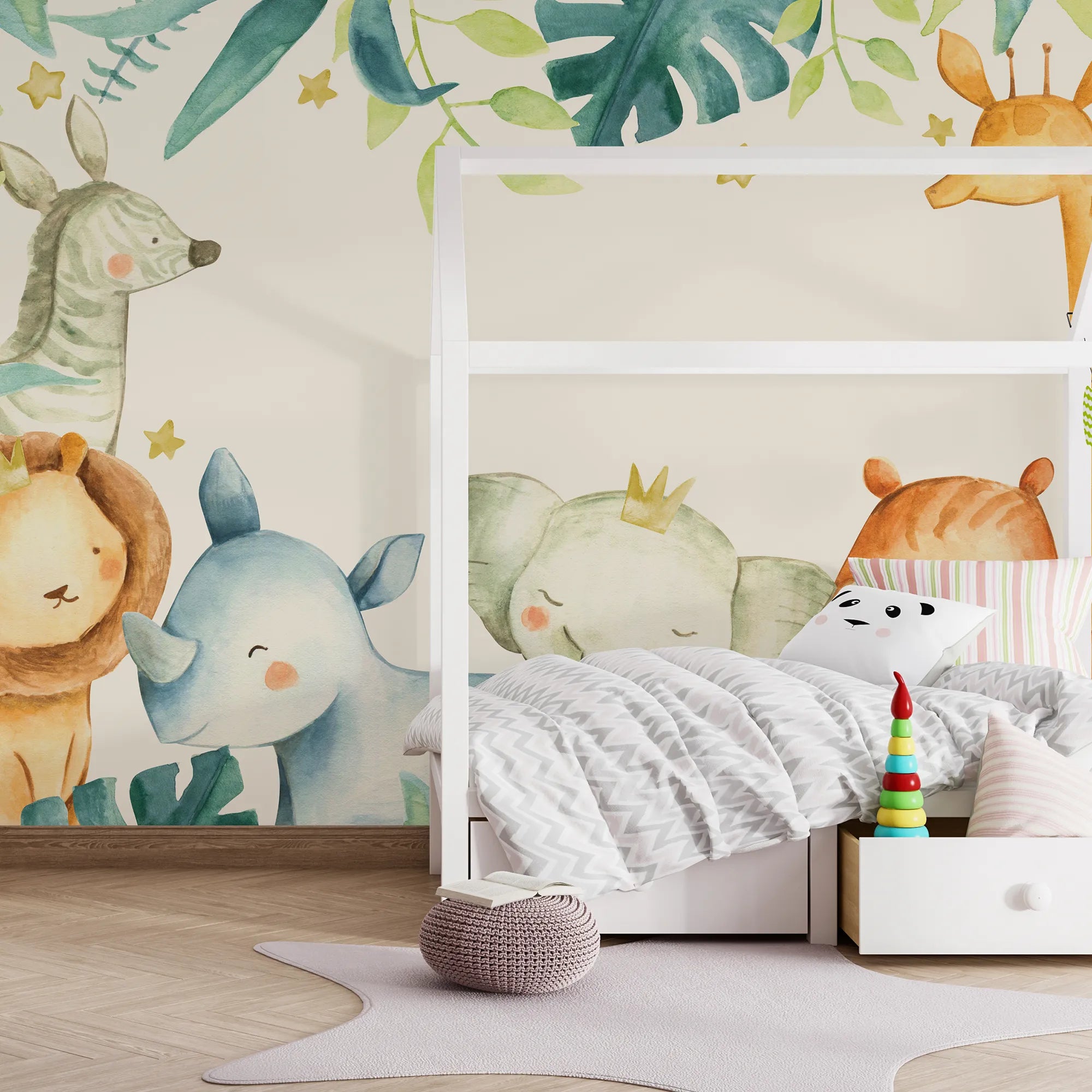 6084 / Wild Animals and Leaves Wallpaper - Removable, Peel and Stick Nursery Decor for Kids Bedroom