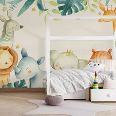 6084 / Wild Animals and Leaves Wallpaper - Removable, Peel and Stick Nursery Decor for Kids Bedroom