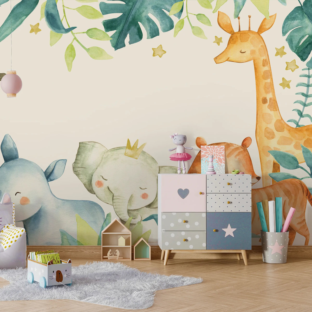 6084 / Wild Animals and Leaves Wallpaper - Removable, Peel and Stick Nursery Decor for Kids Bedroom