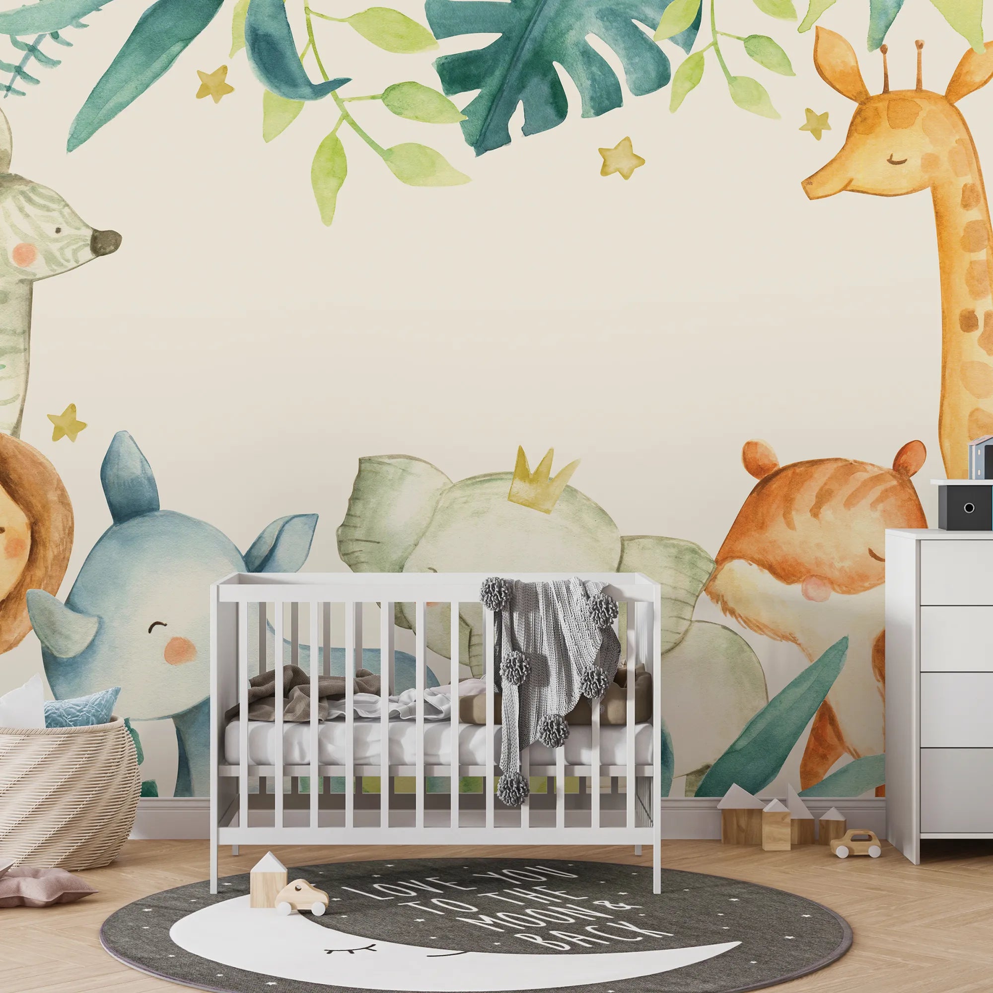 6084 / Wild Animals and Leaves Wallpaper - Removable, Peel and Stick Nursery Decor for Kids Bedroom