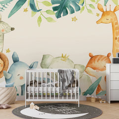 6084 / Wild Animals and Leaves Wallpaper - Removable, Peel and Stick Nursery Decor for Kids Bedroom