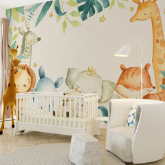 6084 / Wild Animals and Leaves Wallpaper - Removable, Peel and Stick Nursery Decor for Kids Bedroom