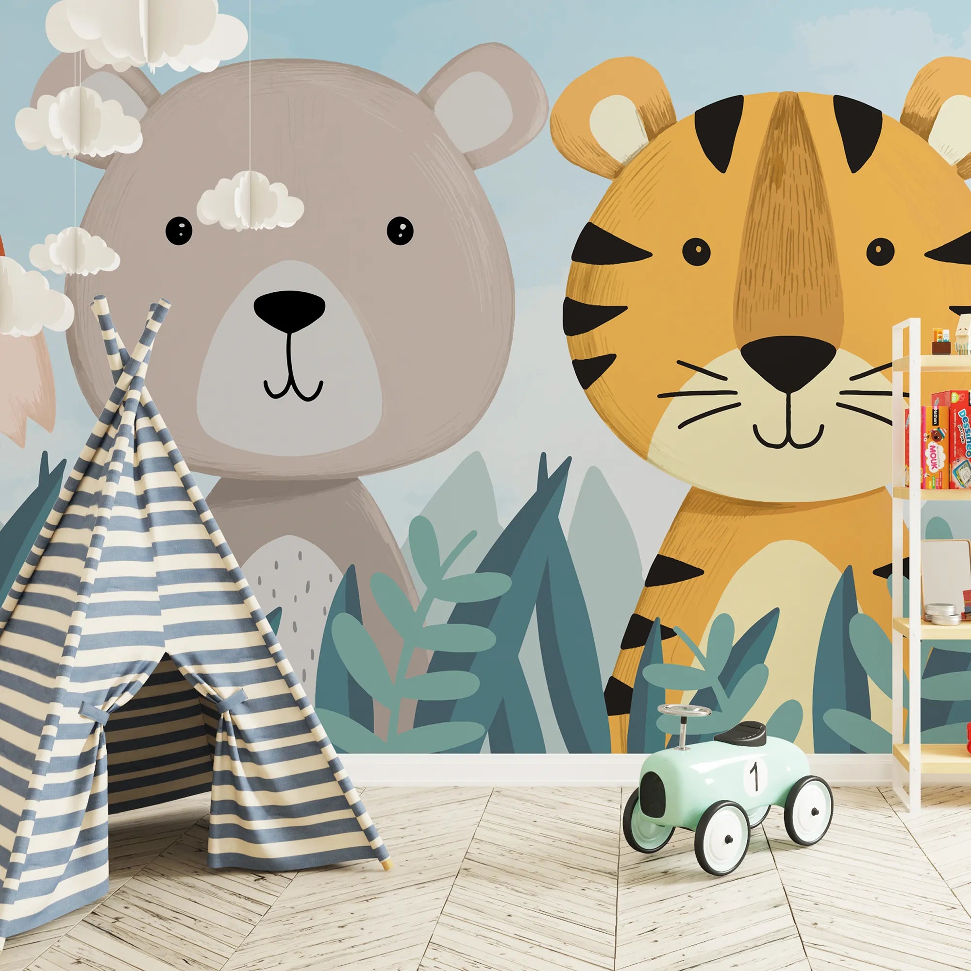 6087 / Peel and Stick Nursery Wallpaper: Fun Forest Animal Theme, Fox, Bear & Tiger Design, Perfect Kids Room Decor