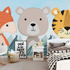 6087 / Peel and Stick Nursery Wallpaper: Fun Forest Animal Theme, Fox, Bear & Tiger Design, Perfect Kids Room Decor