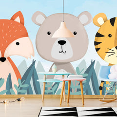 6087 / Peel and Stick Nursery Wallpaper: Fun Forest Animal Theme, Fox, Bear & Tiger Design, Perfect Kids Room Decor