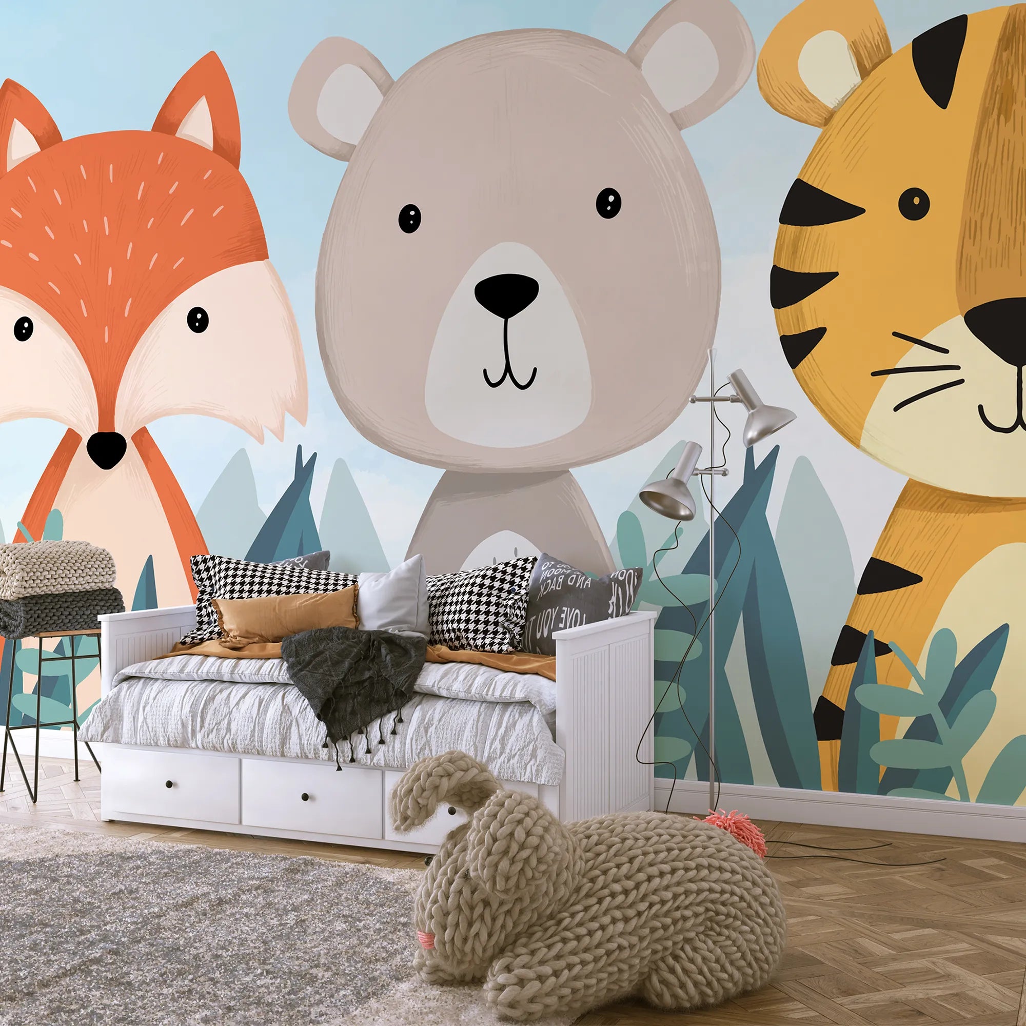 6087 / Peel and Stick Nursery Wallpaper: Fun Forest Animal Theme, Fox, Bear & Tiger Design, Perfect Kids Room Decor