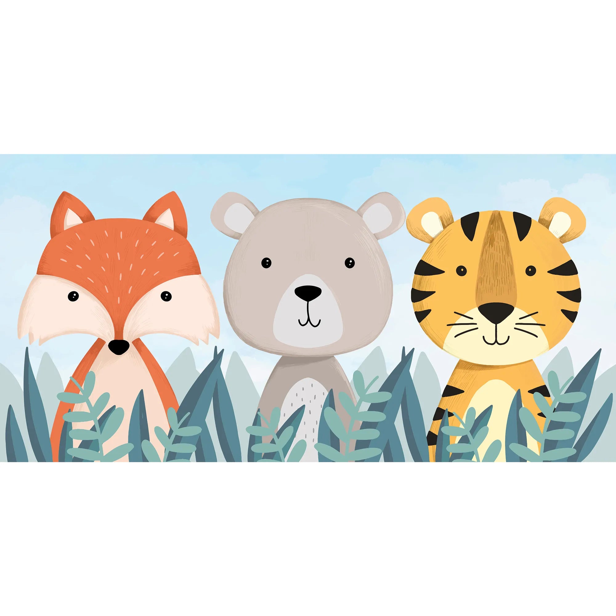 6087 / Peel and Stick Nursery Wallpaper: Fun Forest Animal Theme, Fox, Bear & Tiger Design, Perfect Kids Room Decor