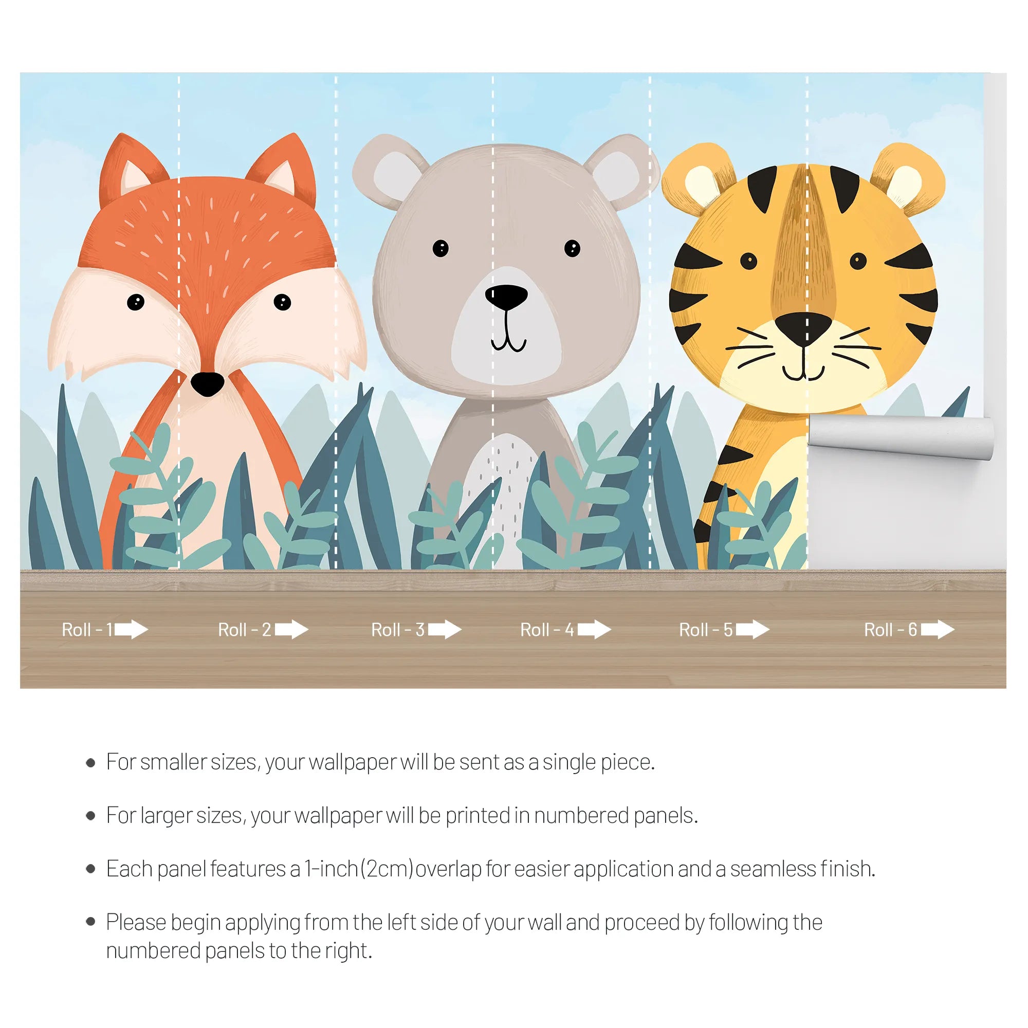 6087 / Peel and Stick Nursery Wallpaper: Fun Forest Animal Theme, Fox, Bear & Tiger Design, Perfect Kids Room Decor