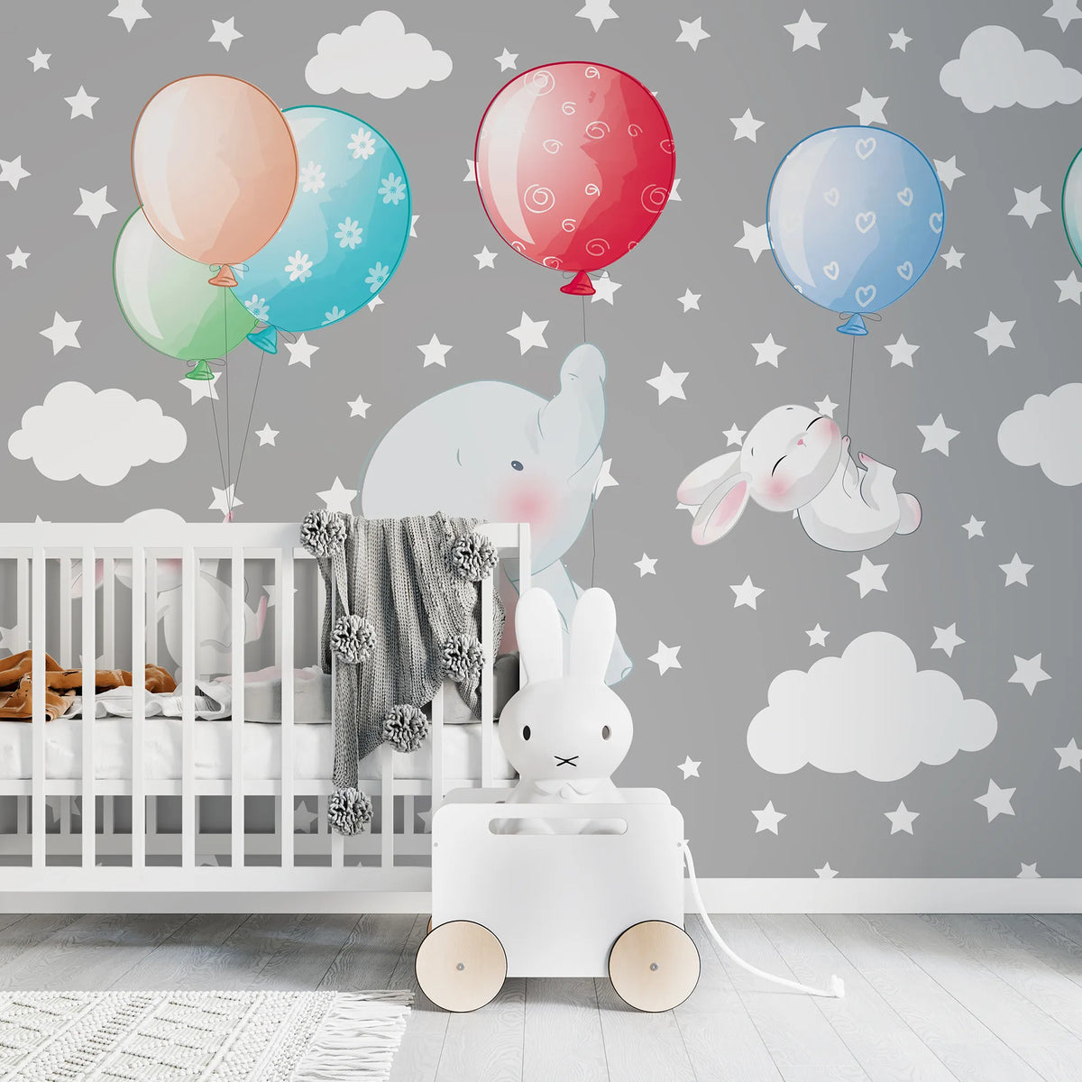 6090 / Flying Elephants and Rabbits Nursery Wallpaper: Peel and Stick, Self Adhesive, Ideal for Boho Nursery and Playroom Decor