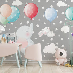 6090 / Flying Elephants and Rabbits Nursery Wallpaper: Peel and Stick, Self Adhesive, Ideal for Boho Nursery and Playroom Decor