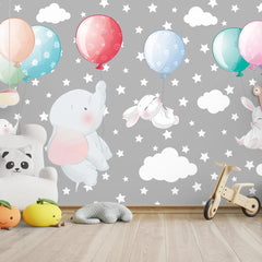 6090 / Flying Elephants and Rabbits Nursery Wallpaper: Peel and Stick, Self Adhesive, Ideal for Boho Nursery and Playroom Decor