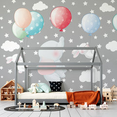 6090 / Flying Elephants and Rabbits Nursery Wallpaper: Peel and Stick, Self Adhesive, Ideal for Boho Nursery and Playroom Decor