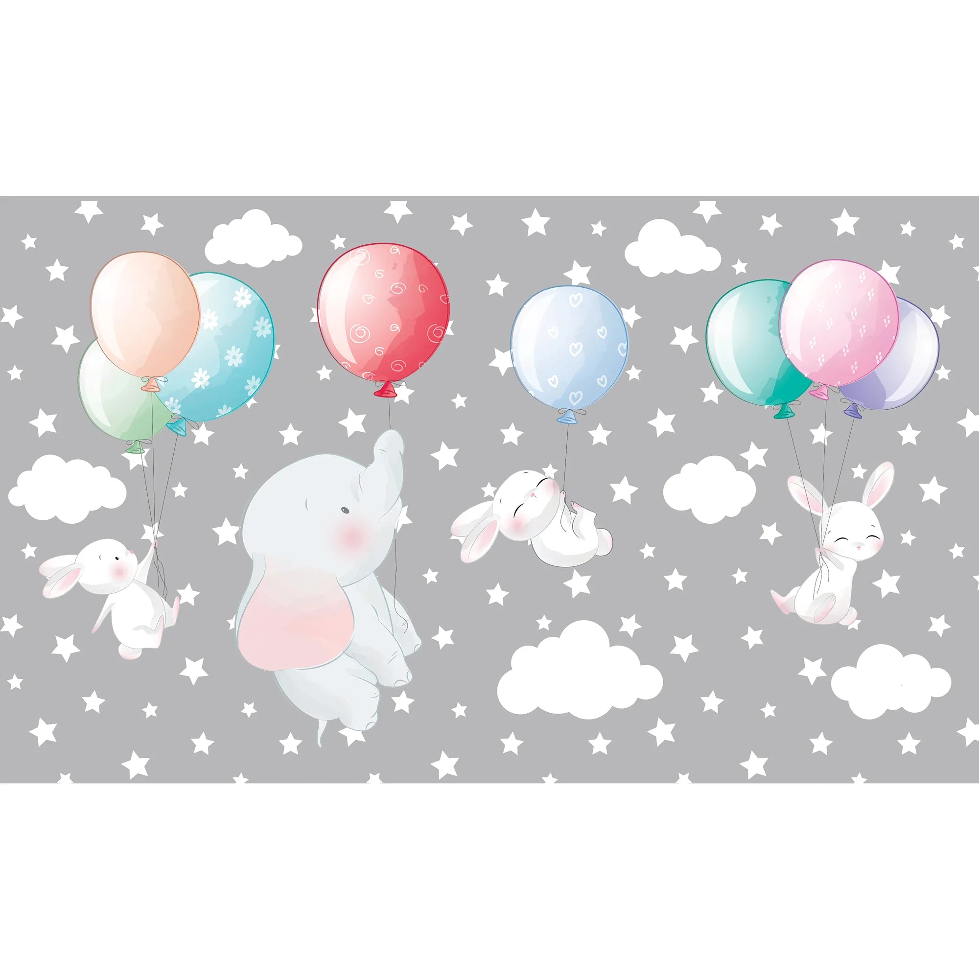 6090 / Flying Elephants and Rabbits Nursery Wallpaper: Peel and Stick, Self Adhesive, Ideal for Boho Nursery and Playroom Decor