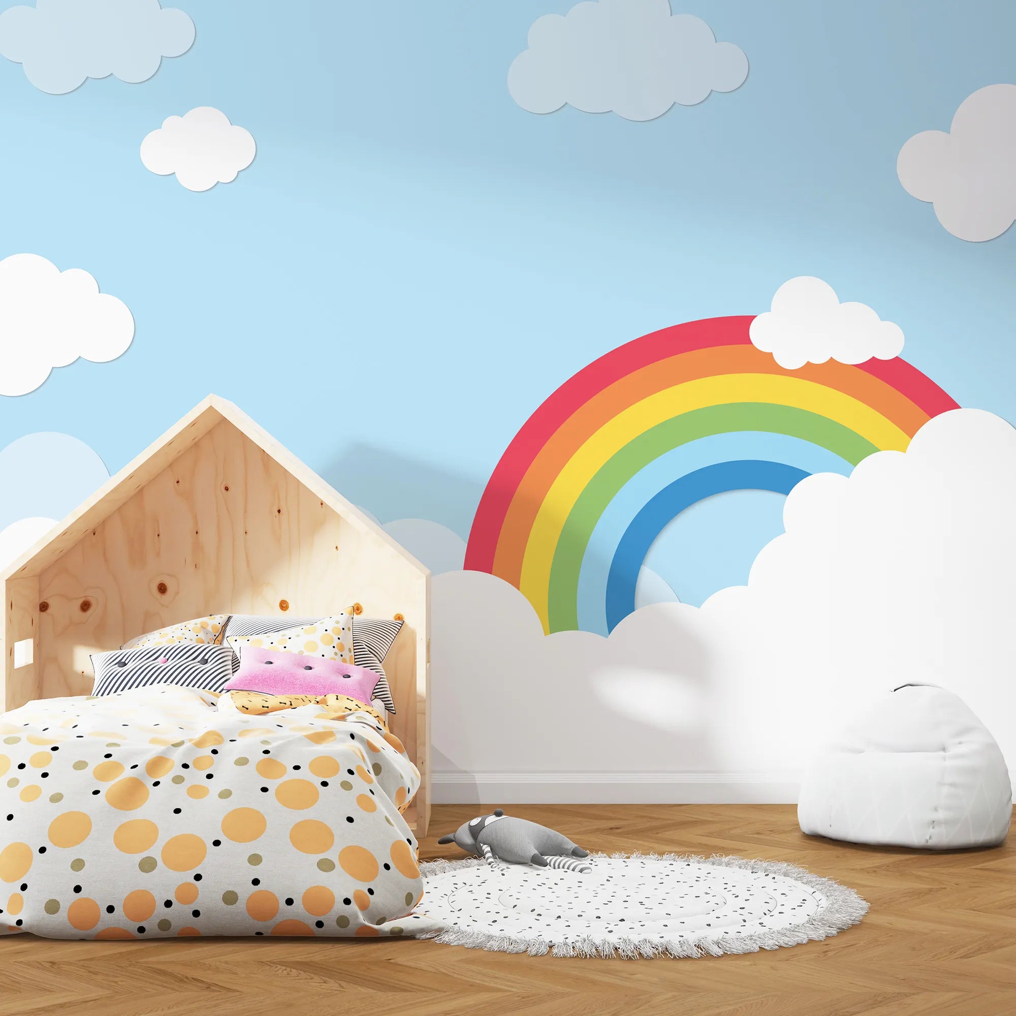 6091 / Peel and Stick Wallpaper for Kids Room - Baby Nursery Decor with Removable Rainbow Sky and Clouds Mural