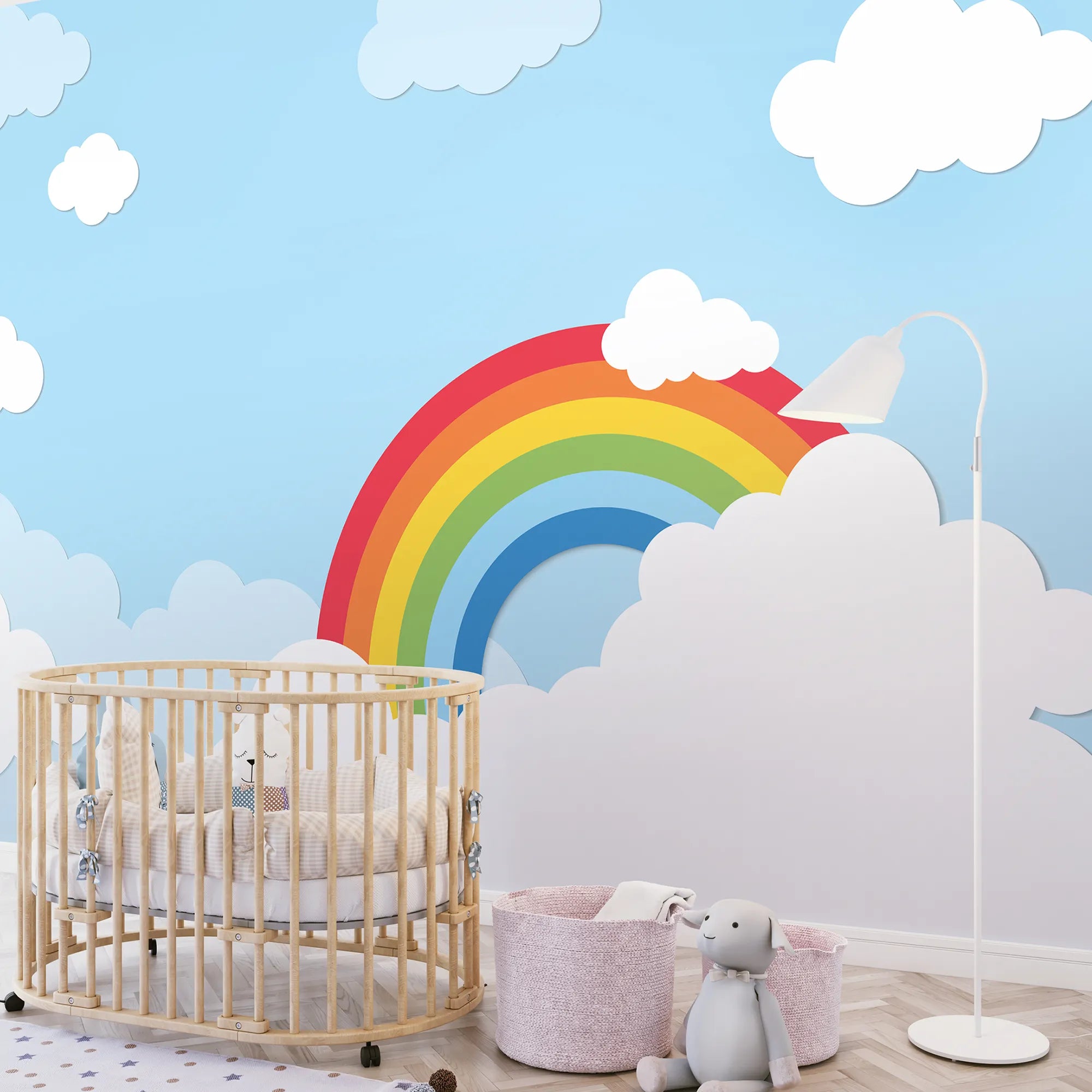 6091 / Peel and Stick Wallpaper for Kids Room - Baby Nursery Decor with Removable Rainbow Sky and Clouds Mural