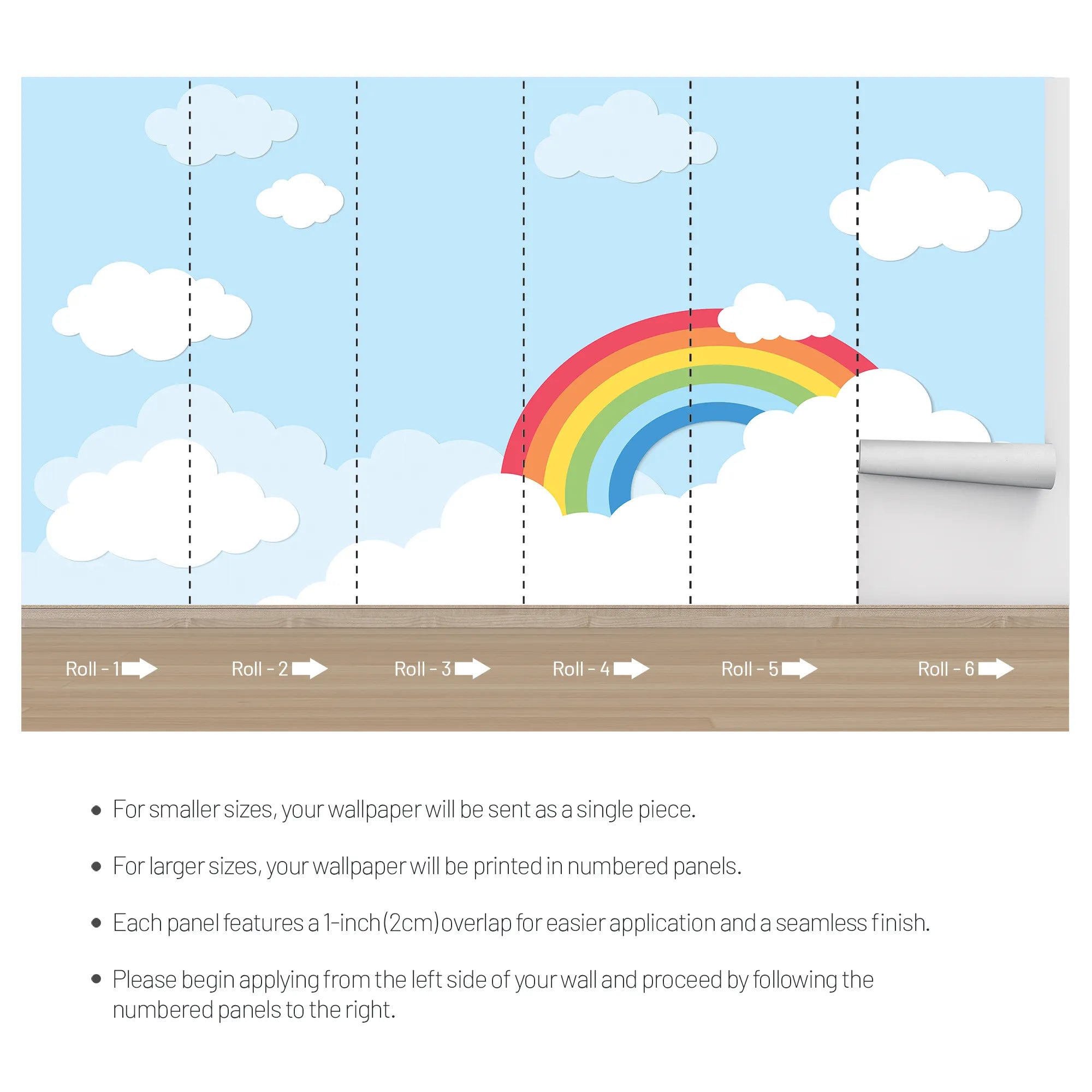 6091 / Peel and Stick Wallpaper for Kids Room - Baby Nursery Decor with Removable Rainbow Sky and Clouds Mural