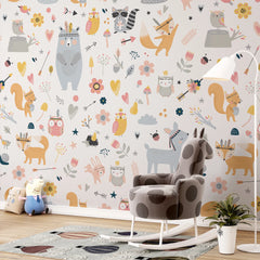 6092 / Self-Adhesive, Removable Nursery Wallpaper - White Forest Animals Theme Perfect for Baby Nursery Kids Room