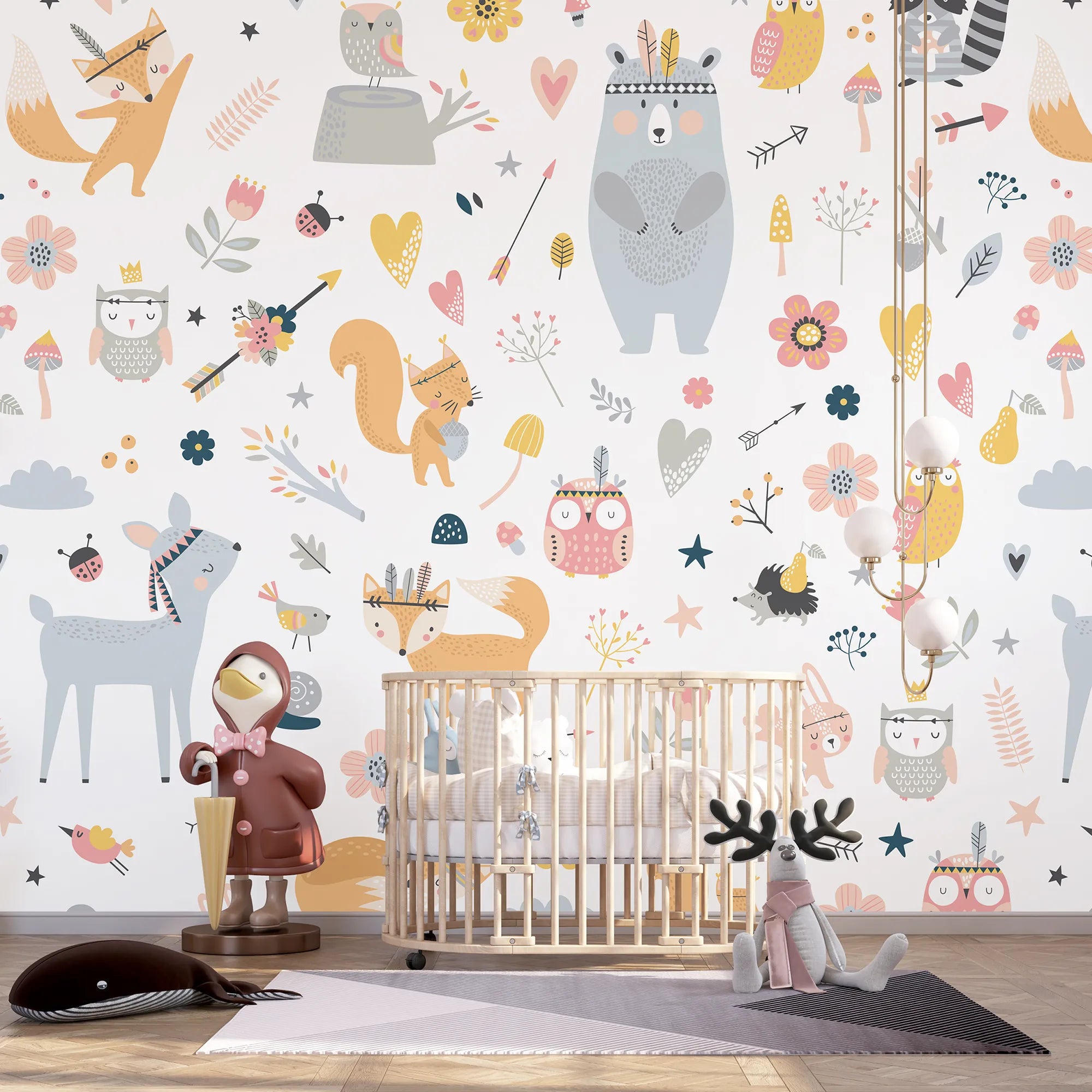 6092 / Self-Adhesive, Removable Nursery Wallpaper - White Forest Animals Theme Perfect for Baby Nursery Kids Room