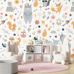 6092 / Self-Adhesive, Removable Nursery Wallpaper - White Forest Animals Theme Perfect for Baby Nursery Kids Room