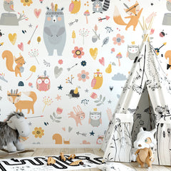 6092 / Self-Adhesive, Removable Nursery Wallpaper - White Forest Animals Theme Perfect for Baby Nursery Kids Room