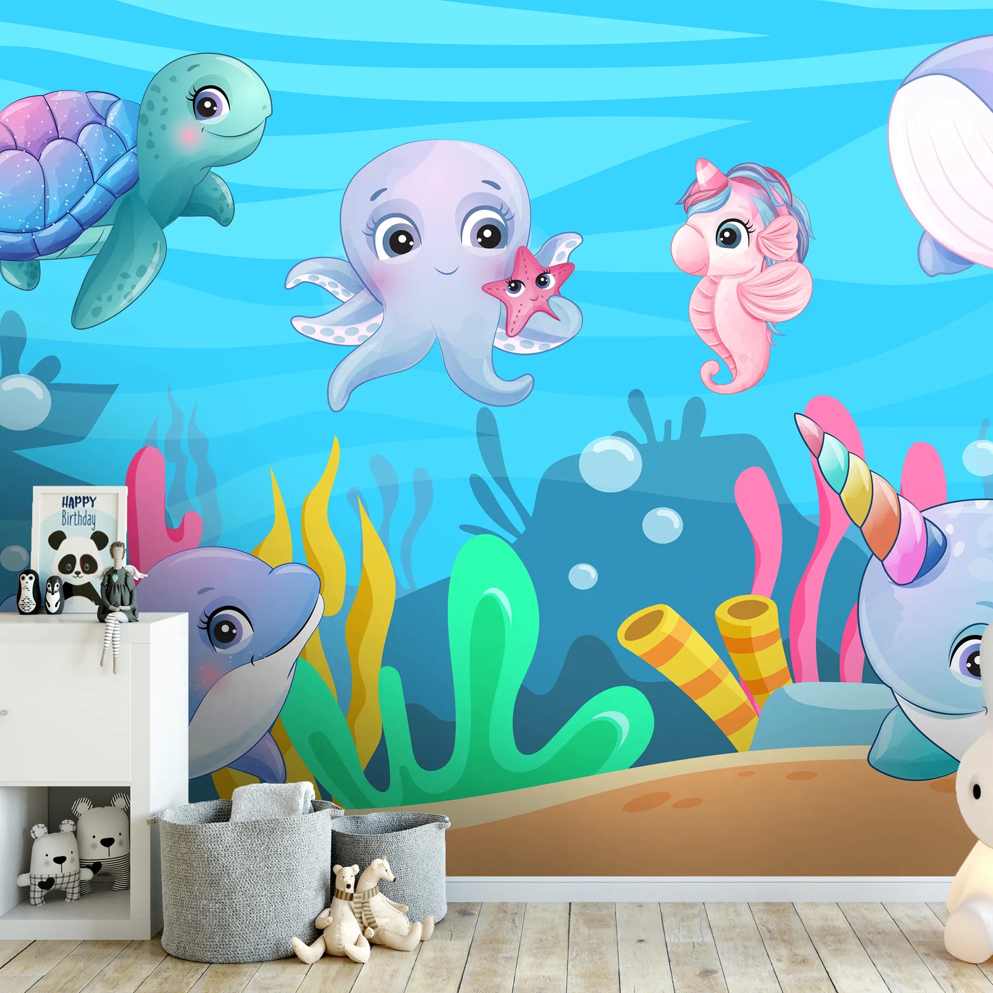 6098 / Peel and Stick Wallpaper - Cute Sea Animals for Nursery Decor, Removable Kids Room Decor