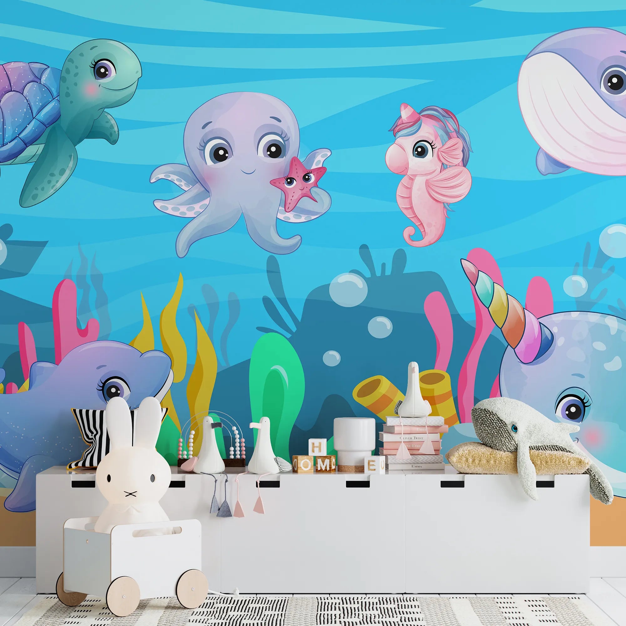 6098 / Peel and Stick Wallpaper - Cute Sea Animals for Nursery Decor, Removable Kids Room Decor