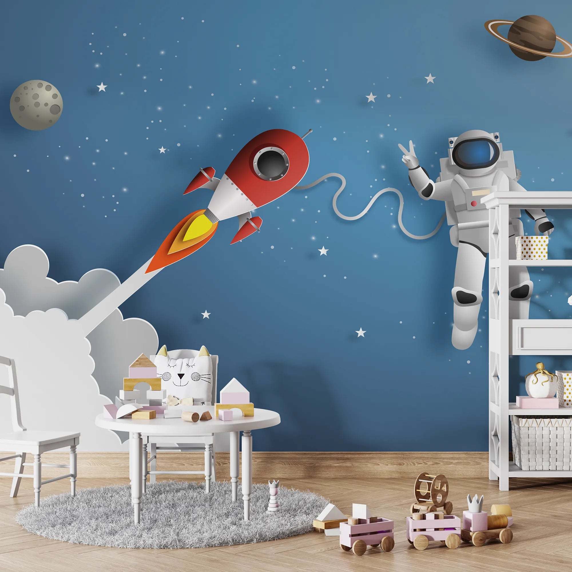 6099 / Nursery Decor Wall Art Wallpaper - Self-Adhesive Mural, Temporary Wallpaper with Spacecraft Theme